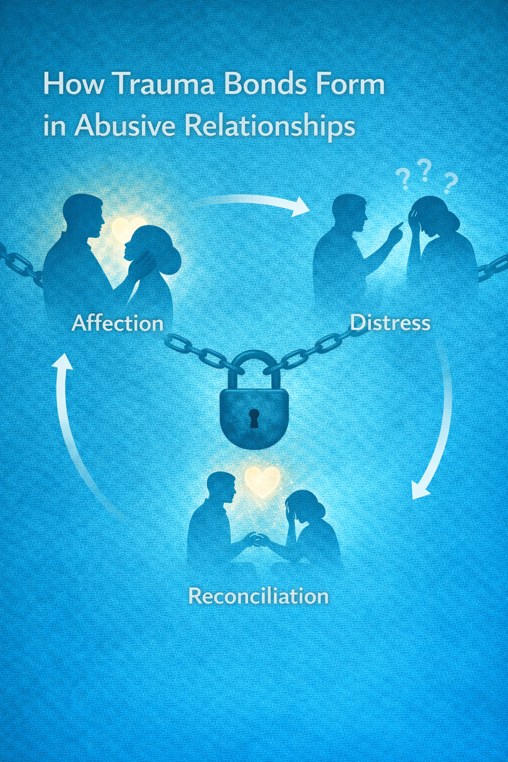Illustration showing how trauma bonds form in abusive relationships through cycles of affection and distress.