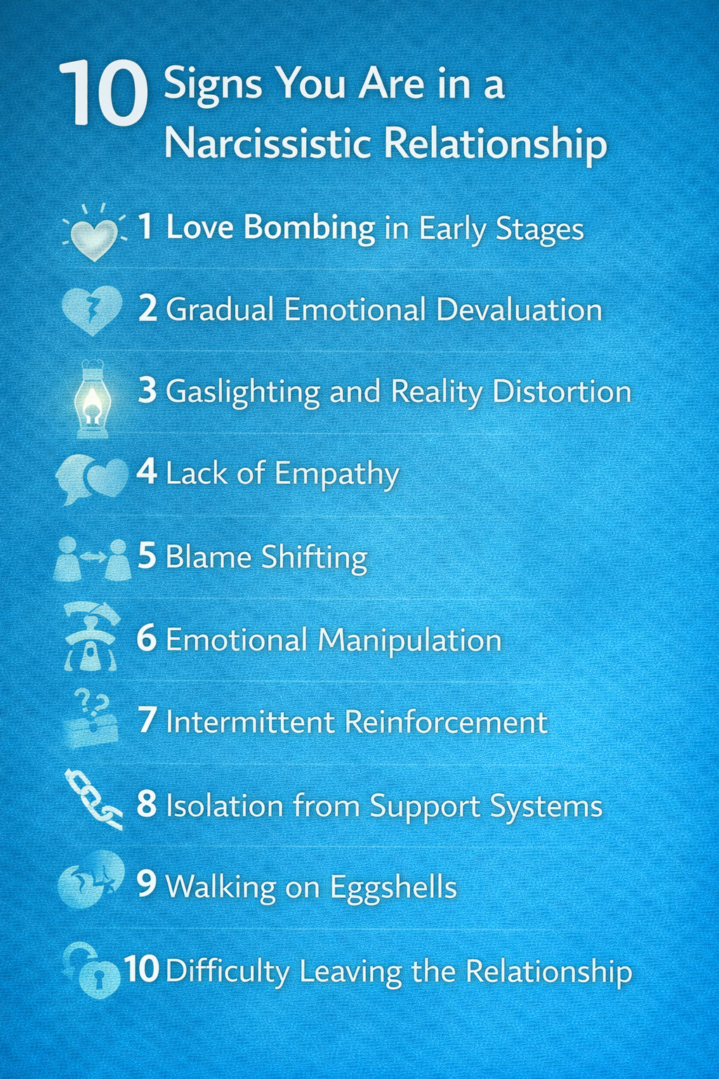 Illustration showing warning signs of a narcissistic relationship including gaslighting, manipulation, and emotional control.