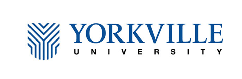 Yorkville University brand logo with a blue shield emblem and the words YORKVILLE UNIVERSITY on a white background.
