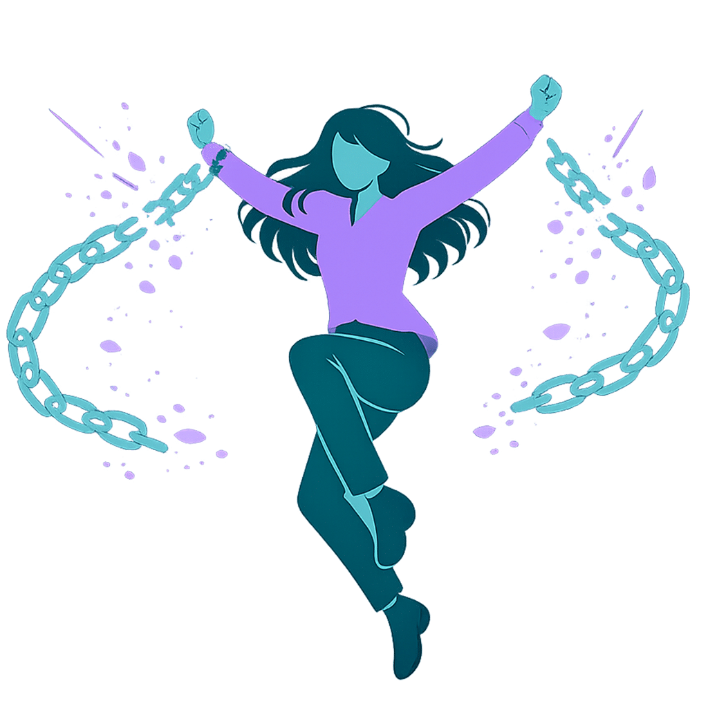 An illustrated person leaping with arms raised as turquoise chains break apart, symbolizing freedom and empowerment.