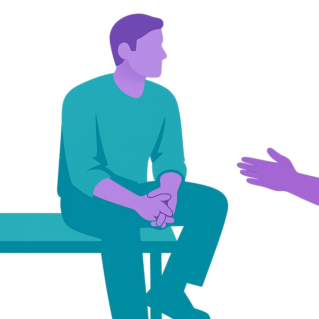 Abstract illustration of a person sitting with hands clasped, while a glowing hand extends toward them from the right.