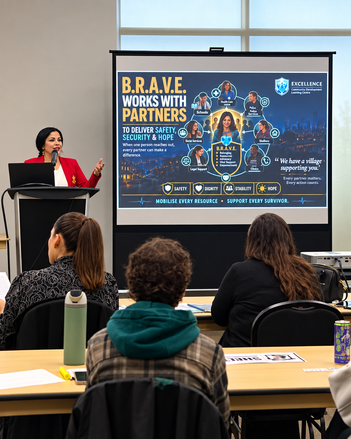 Raquel Soteldo presenting the B.R.A.V.E. framework at a professional training workshop