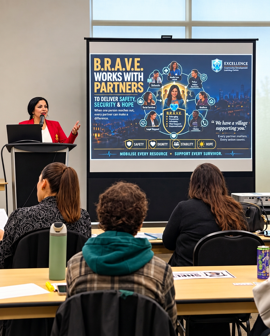 Raquel Soteldo presenting the B.R.A.V.E. framework at a professional training workshop