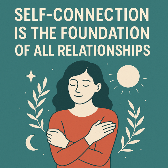Illustration of a person hugging themselves symbolizing self-connection and healthy relationships