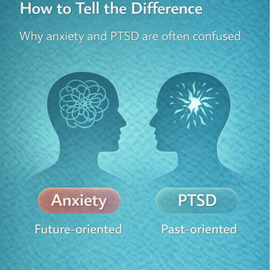Graphic titled ‘Anxiety vs PTSD: How to Tell the Difference,’ showing two head silhouettes facing each other, one labeled Anxiety with tangled thoughts and the other labeled PTSD with a burst symbol, comparing future-oriented versus past-oriented stress.