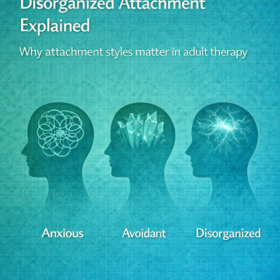 Graphic showing three human head silhouettes labeled anxious, avoidant, and disorganized attachment, illustrating different adult attachment styles.