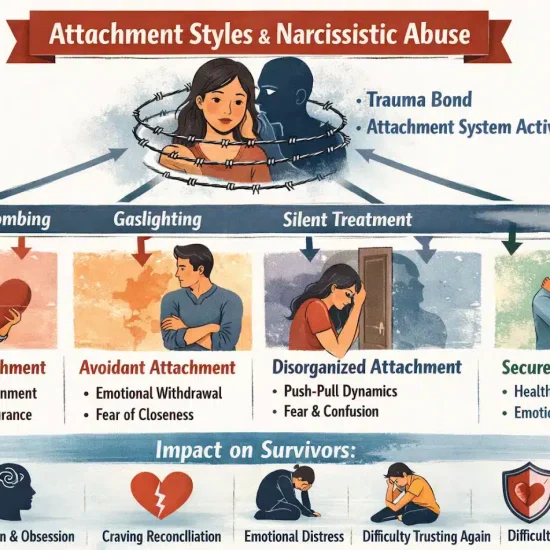 Infographic showing how attachment styles influence trauma bonds in narcissistic abuse relationships.