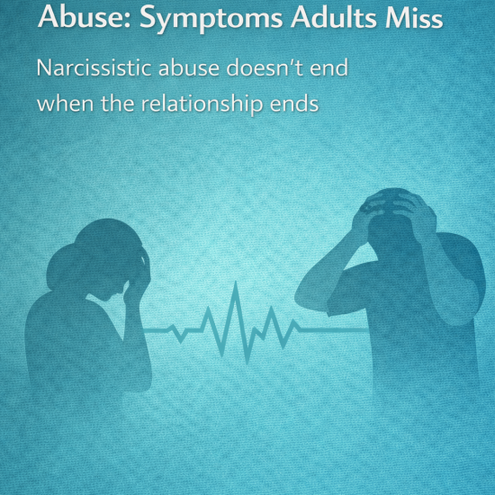 Graphic titled ‘C-PTSD After Narcissistic Abuse: Symptoms Adults Miss,’ showing two distressed adult silhouettes holding their heads with a heartbeat line between them, symbolizing ongoing nervous-system stress after abuse.