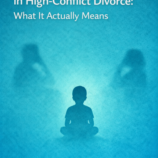 Illustration titled ‘Child-Centred Mediation in High-Conflict Divorce: What It Actually Means,’ showing a child sitting alone in the foreground with blurred silhouettes of arguing parents in the background.