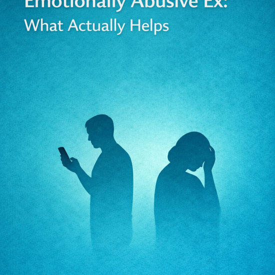 Illustration titled ‘Co-Parenting With an Emotionally Abusive Ex: What Actually Helps,’ showing silhouettes of a man looking at his phone and a distressed woman holding her head against a blue background.