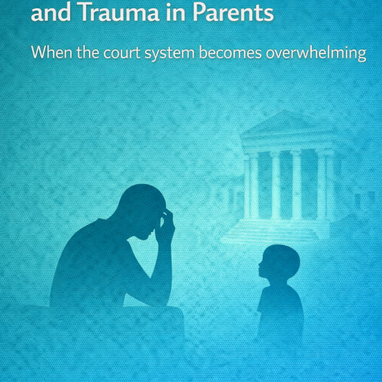 Illustration of a stressed parent holding their head while facing a child, with a courthouse in the background, symbolizing court-related stress and trauma in parents.