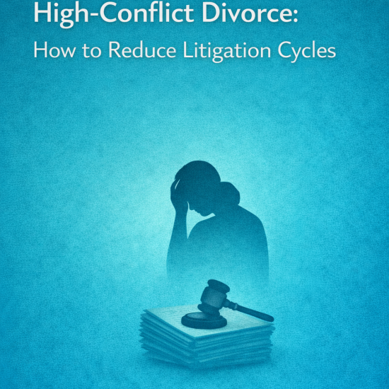 Illustration titled “Court Fatigue in High-Conflict Divorce: How to Reduce Litigation Cycles,” showing a stressed woman holding her head above a stack of legal papers with a judge’s gavel on top.