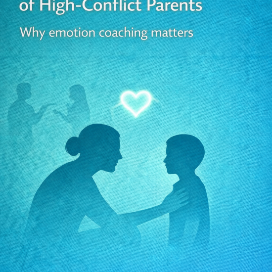 Illustration of a parent gently comforting a child while conflict fades in the background, symbolizing emotion coaching in high-conflict families.