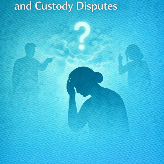 Illustration titled ‘Gaslighting in Divorce and Custody Disputes,’ showing a distressed woman holding her head while two shadowed figures argue and point in the background, with a large question mark above her symbolizing confusion and manipulation.