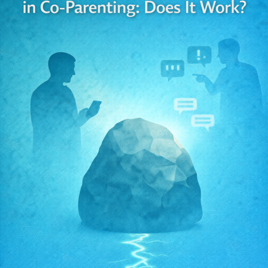 Illustration titled ‘Grey Rock Communication in Co-Parenting: Does It Work?’ showing a large rock between two arguing figures, one holding a phone, symbolizing emotional detachment during conflict.