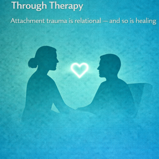 Illustration of two seated silhouettes facing each other and holding hands, with a glowing heart between them, symbolizing healing attachment trauma through supportive therapy.