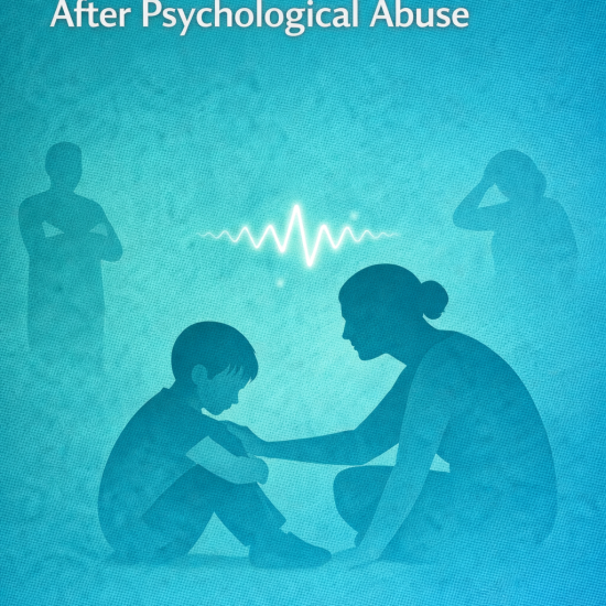 Illustration of a caregiver calmly supporting a distressed child, representing emotional regulation after psychological abuse.