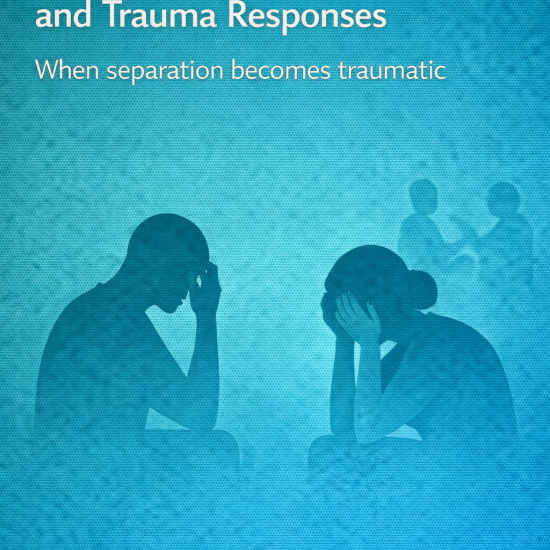 Illustration of two distressed adult silhouettes sitting apart with heads in hands, symbolizing trauma responses during high-conflict separation.