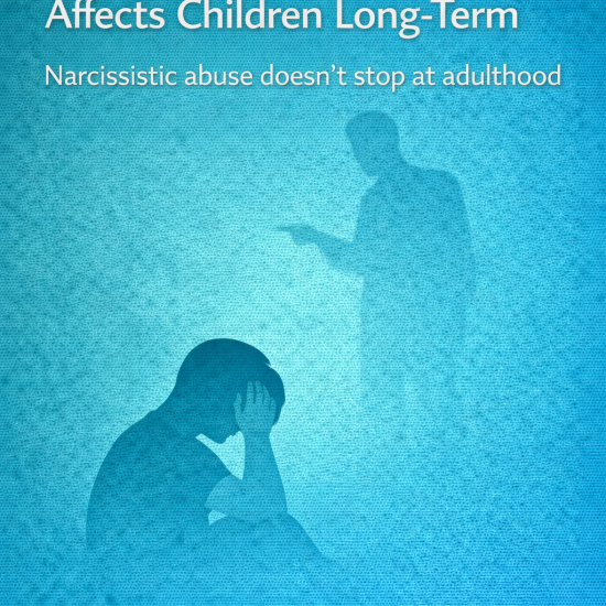 Illustration of a distressed child sitting with head in hands while an adult silhouette points in the background, representing the long-term impact of narcissistic abuse on children.