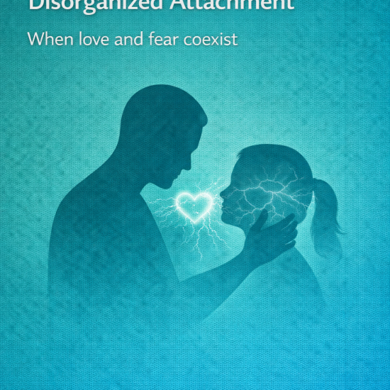 Illustration of two silhouetted figures facing each other, one touching the other’s face, with a glowing heart cracked by lightning between them, symbolizing disorganized attachment caused by narcissistic abuse.