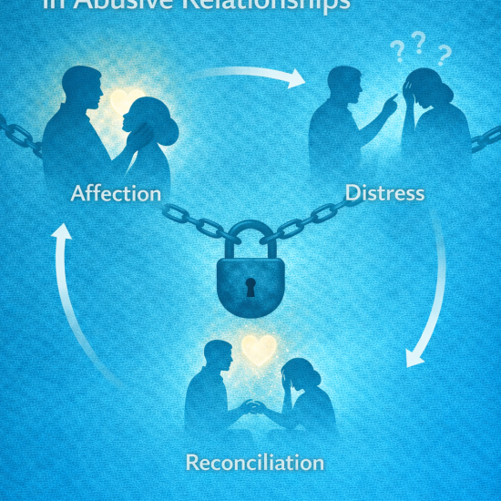 Illustration showing how trauma bonds form in abusive relationships through cycles of affection and distress.