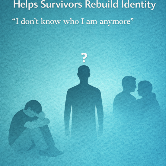 Graphic titled ‘How Trauma-Informed Therapy Helps Survivors Rebuild Identity,’ showing a central human silhouette with a question mark, surrounded by figures representing isolation, distress, and relational confusion.