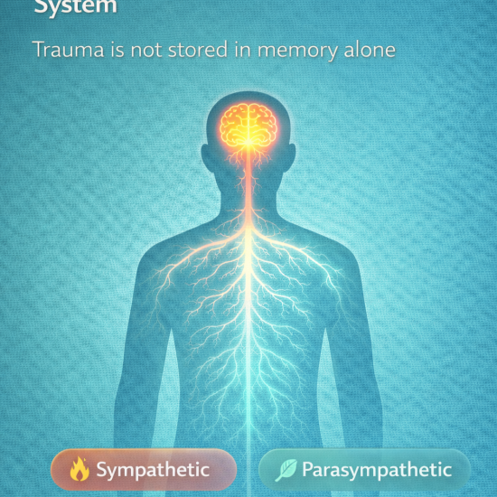 Graphic titled ‘How Trauma Lives in the Nervous System,’ showing a human silhouette with a highlighted brain and branching nerves, illustrating sympathetic and parasympathetic nervous system responses.