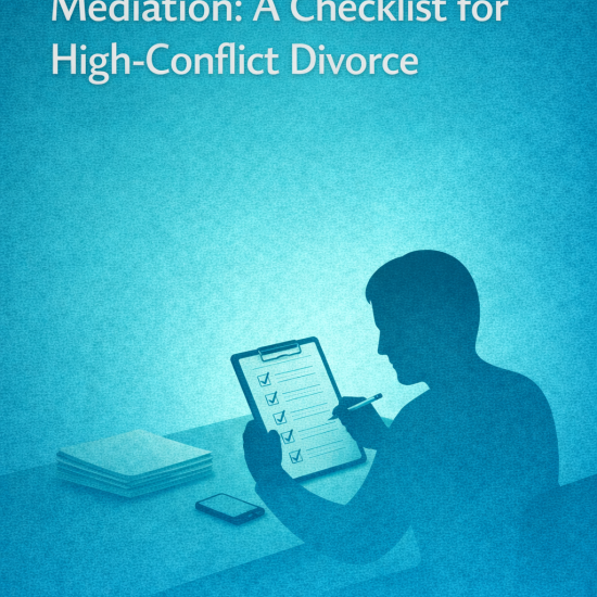 Illustration titled “How to Prepare for Family Mediation: A Checklist for High-Conflict Divorce,” showing a man reviewing a checklist on a clipboard at a desk with papers and a phone nearby.