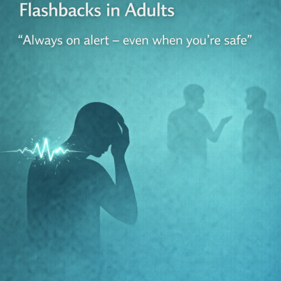 Graphic titled ‘Hypervigilance and Emotional Flashbacks in Adults,’ showing a silhouetted person holding their head with a glowing stress line, while blurred figures in the background suggest perceived threat despite safety.