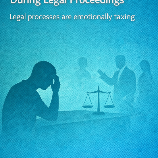 Illustration of a distressed person holding their head beside scales of justice, representing emotional strain during legal proceedings.