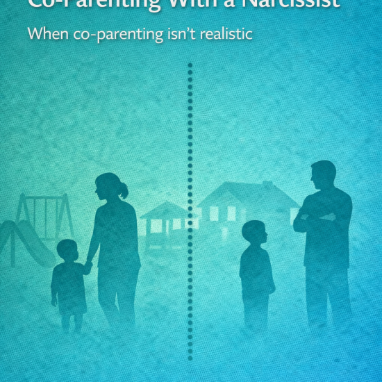 Illustration of two separated parents and children divided by a dotted line, symbolizing parallel parenting versus co-parenting with a narcissist.