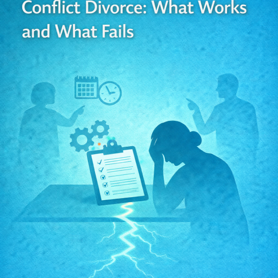 Illustration titled ‘Parenting Plans in High-Conflict Divorce: What Works and What Fails,’ showing a stressed parent holding their head at a table with a checklist, calendar, and gears, while two shadowed figures argue in the background and a crack splits the table below.