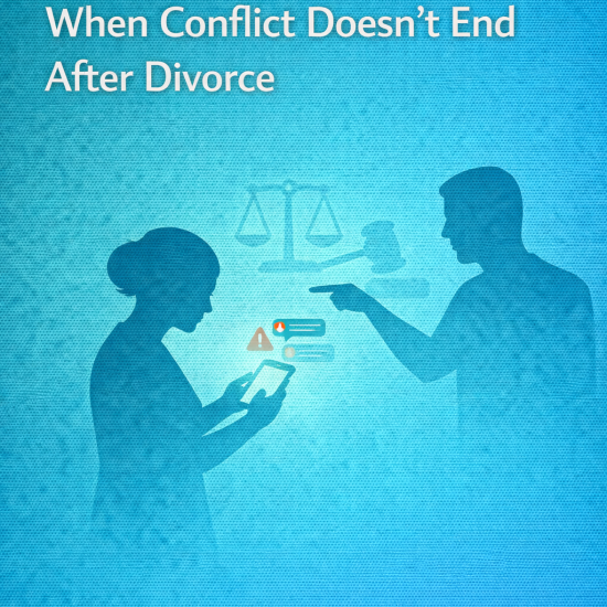 Illustration titled ‘Post-Separation Abuse: When Conflict Doesn’t End After Divorce,’ showing a man pointing aggressively at a woman holding a phone, with legal symbols faintly in the background.