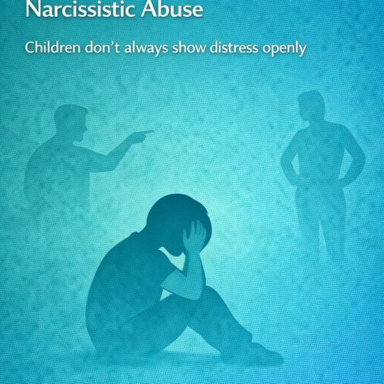 Illustration of a child sitting with head in hands while adult silhouettes argue and point nearby, symbolizing a child internalizing narcissistic abuse.