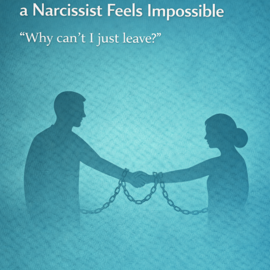 Graphic titled ‘Trauma Bonding: Why Leaving a Narcissist Feels Impossible,’ showing two adult silhouettes holding hands while bound by chains, symbolizing emotional attachment that is difficult to break.