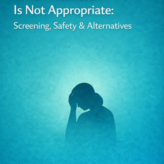 Illustration titled ‘When Mediation Is Not Appropriate: Screening, Safety & Alternatives,’ showing a distressed woman holding her head against a blue background.