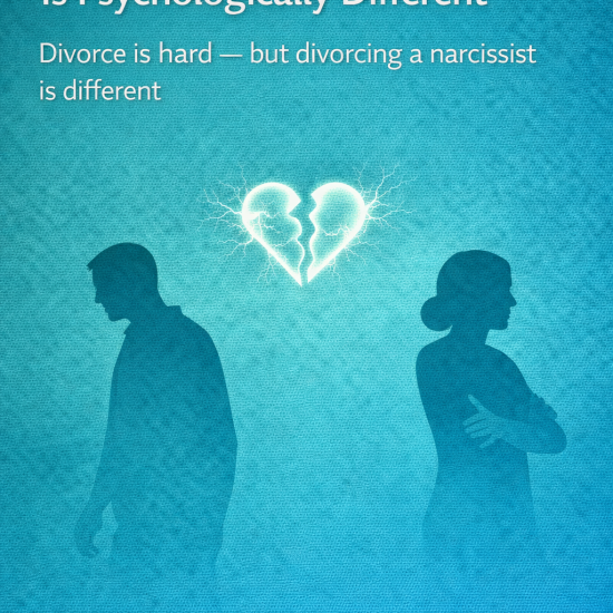 Illustration of two adult silhouettes turned away from each other with a cracked, glowing heart between them, symbolizing the emotional impact of divorce from a narcissistic partner.