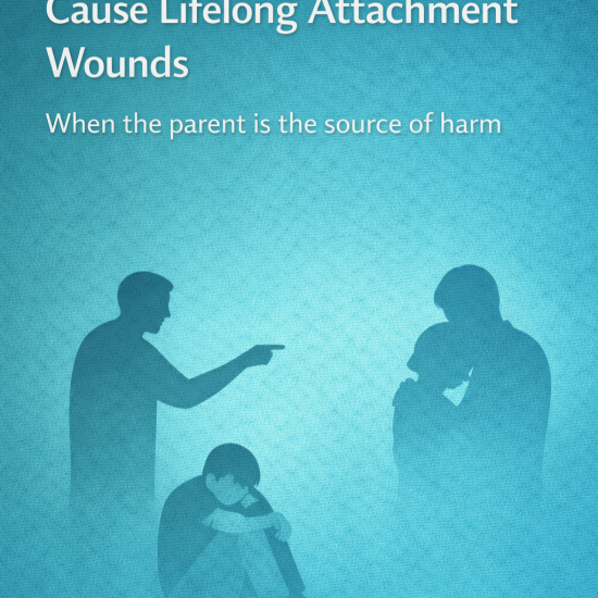 Graphic titled ‘Why Narcissistic Parents Cause Lifelong Attachment Wounds,’ showing silhouetted figures of a parent pointing, a distressed child seated on the floor, and another adult comforting a child, symbolizing attachment trauma caused by parental harm.