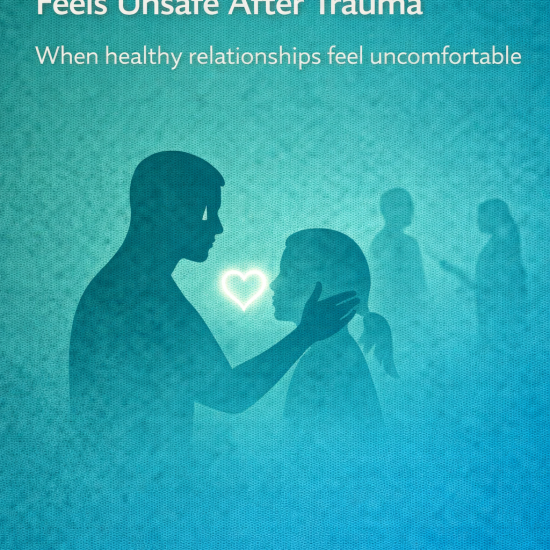 Illustration of two silhouetted figures gently facing each other with a glowing heart between them, while distant shadowy figures suggest discomfort and fear around secure attachment after trauma.
