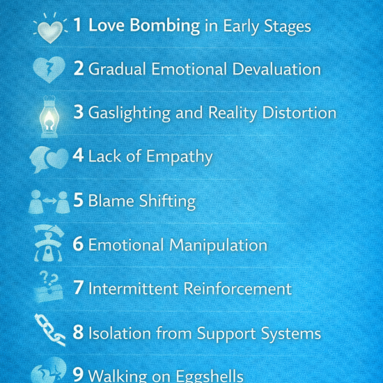 Illustration showing warning signs of a narcissistic relationship including gaslighting, manipulation, and emotional control.